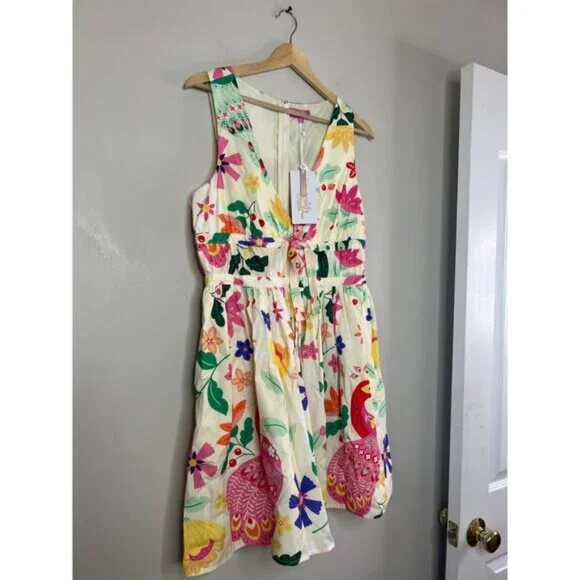 NWT Sincerely Ours Ellie Poplin Cream Floral Sleeveless Fit and Flare Mini Dress